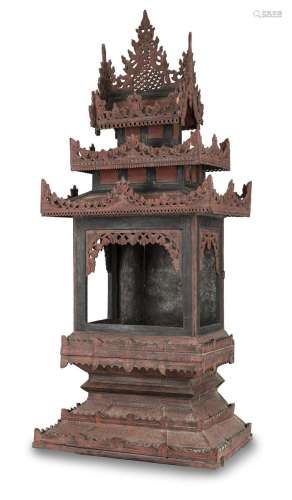 A LARGE RED AND BLACK WOOD HOUSE TEMPLE