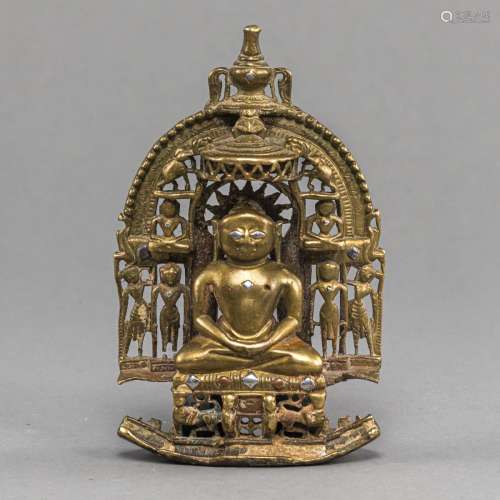 AN INSCRIBED SILVER AND COPPER-INLAID BRONZE JAIN SHRINE