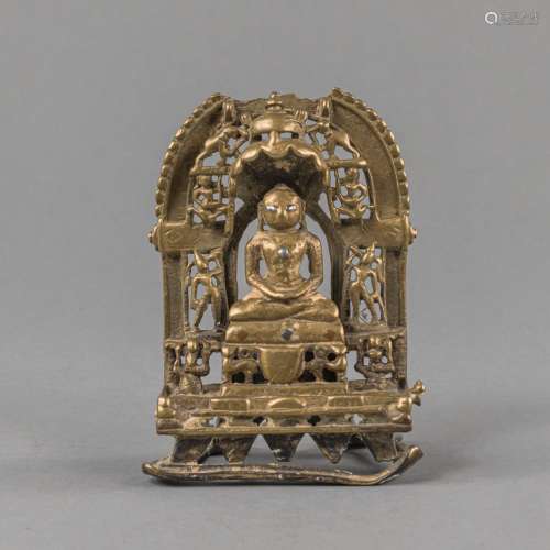 A SILVER-INLAID BRONZE JAIN SHRINE WITH ENGRAVED INSCRIPTION...
