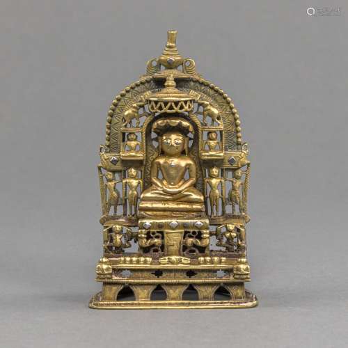 AN INSCRIBED SILVER- AND COPPER-INLAID BRONZE JAIN SHRINE WI...