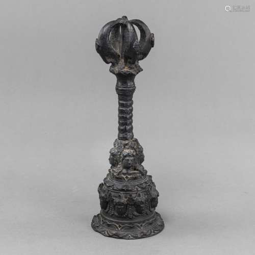 A BRONZE PRIEST HAND-BELL WITH A FOUR-PRONG HALF-VAJRA