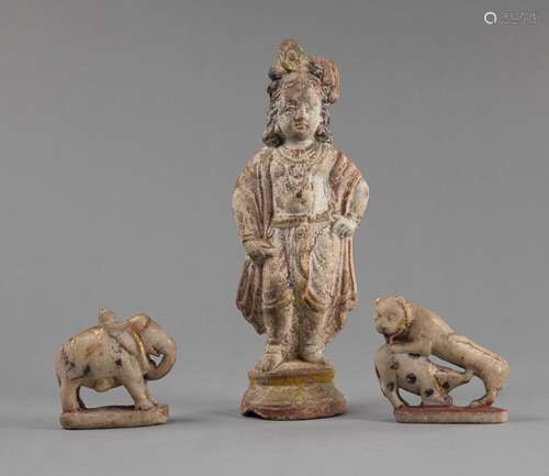 TWO FELINE AND ELEPHANT STONE FIGURES AND A STUCCO FIGURE