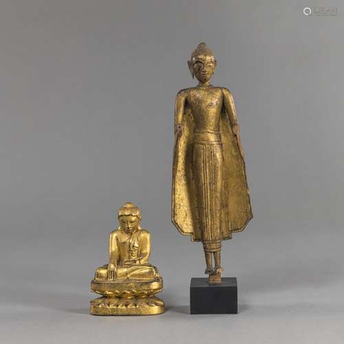 TWO GILT-WOOD FIGURES OF BUDDHA MARAVIJAYA AND STANDING BUDD...