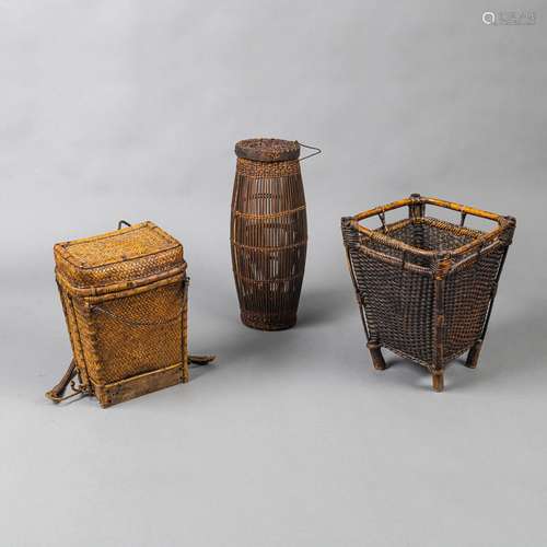 A GROUP OF FOUR WOVEN BASKETS