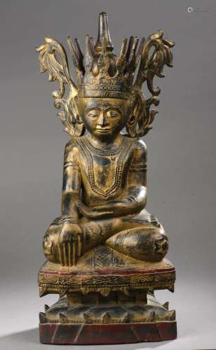 Buddha Maravijaya coiffé d'une importante couronne à ail...