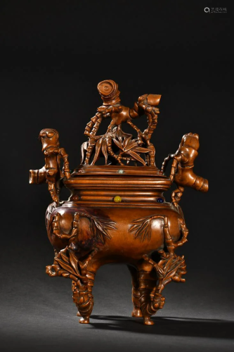 A Fine Huangyang Wood Carved Bamboo Censer With Cover