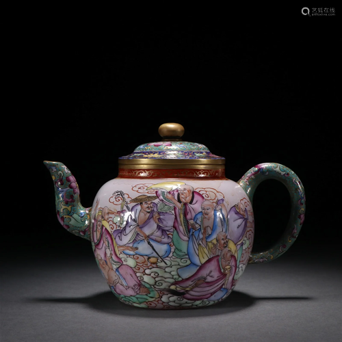 A Fine Zisha Enamel 'Eighteen-Arhats ' Teapot