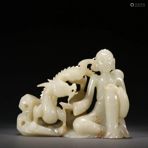 A Fine Hetian Jade Carved Dragon and Luohan Ornament