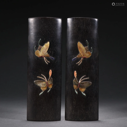 A Pair of Zitan Inlaid Gems Paperweight