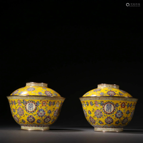A Pair of Bronze Enamel 'Flower' Cups With Covers