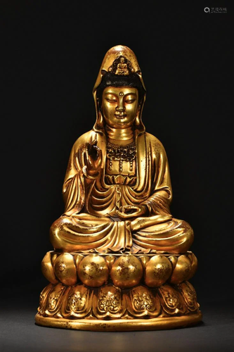 A Fine Gilt-bronze Figure of Guanyin