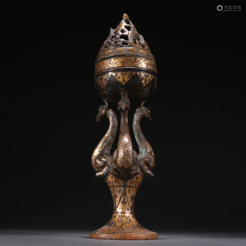 A Rare Bronze Inlaid Gold and Silver Censer