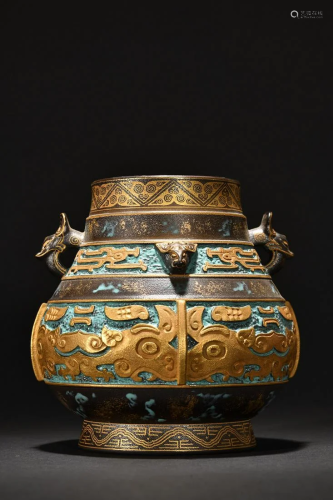 A Fine Bronze Painted Gold Zun