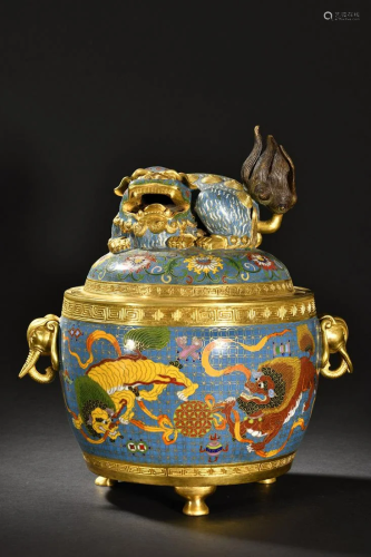 A Fine Gilt-bronze Enamel Lion Censer