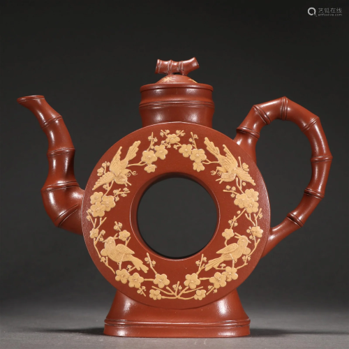 A Very Rare Zisha Teapot With Flower and Bird Pattern
