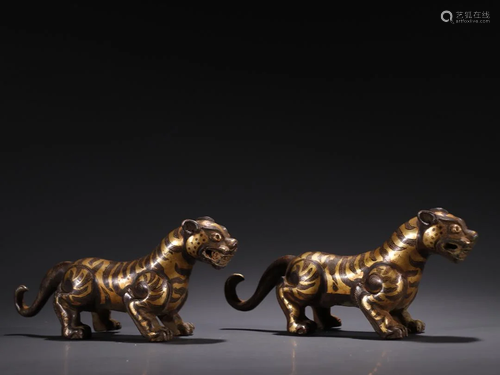 A Pair of Rare Bronze Inlaid Gold and Silver Tiger Ornaments