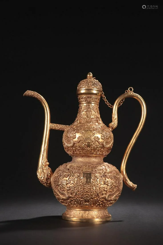 A Rare Gilt-bronze Dragon Pattern Gourd Ewer