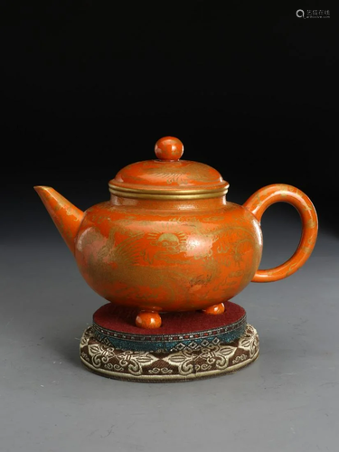 A Fine Zisha Painted Gold Dragon and Poenix Teapot