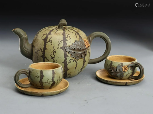 A Set of Zisha Watermelon Pattern Teapot