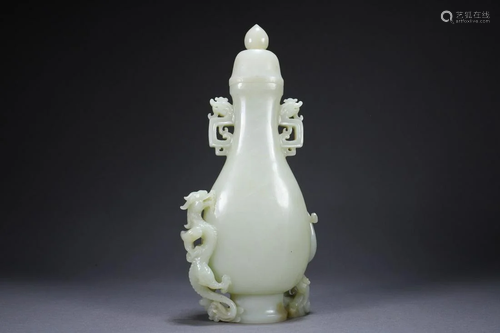 A Top and Rare Hetian Jade Carved Dragon Vase