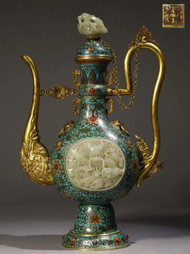 A Very Rare Gilt-bronze Cloisonne Inlaid Jade Ewer