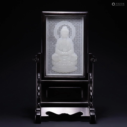 A Rare Hetian Jade Carved Figure of Buddha Screen