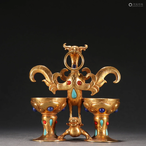 An Unusual Gilt-bronze Inlaid Gems Phoenix Bird Cup