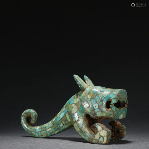 An Unusual Bronze Inlaid Turquoise Dragon Ornament