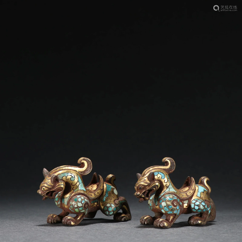 A Pair of Rare Bronze Inlaid Gold and Silver Beast Ornaments