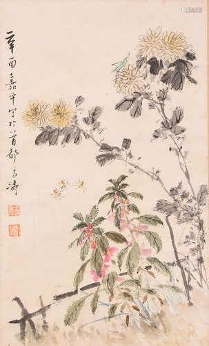 王雪涛 菊花蜂虫 设色纸本立轴