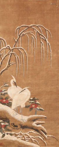 佚名 雪霁双禽图 设色绢本立轴