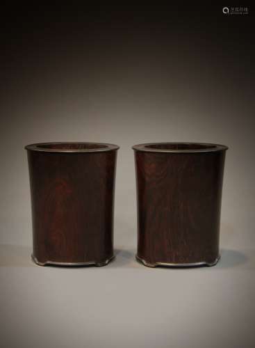 2 Chinese wood carved pen holders from the 19th to 20th cent...