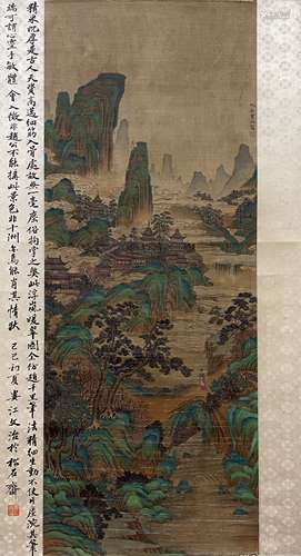 仇英 青旅山水 立轴 绢本