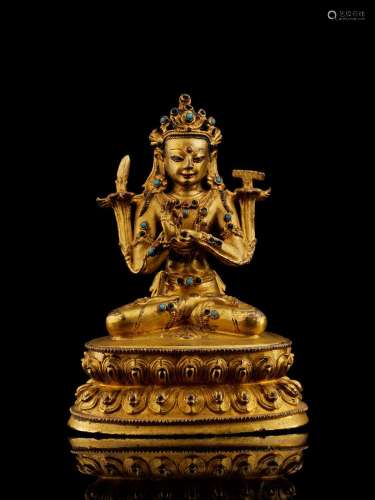 STATUETTE DE MANJUSHRI EN ALLIAGE DE CUIVRE DORÉ TIBET, XVIE...