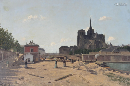 French School, 19th C. Painting of Notre Dame