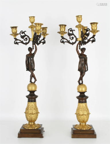 Pair, 19th C. French Gilt Bronze Candelabra