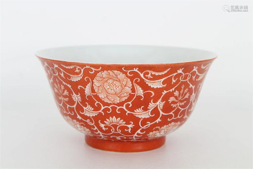 Chinese Coral Ground Bowl, Qianlong Mark