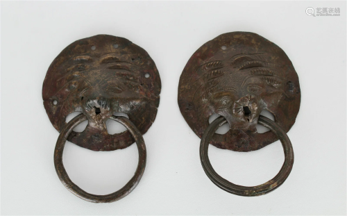 Pair of Roman Bronze Lion Head Handles