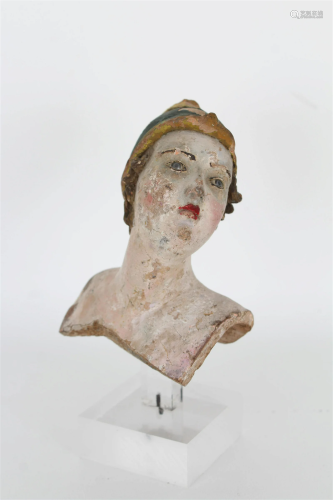 Italian Painted Terracotta Head Depicting Athena