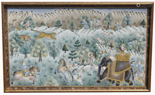 Antique Persian Tiger Hunt Scene Painting