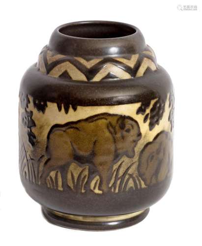Charles CATTEAU (1880-1966)Vase en grès Keramis à décor de b...