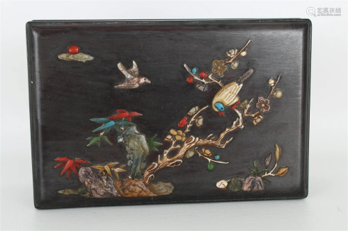 Chinese Stone Inlaid Zitan Box and Cover