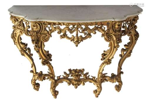 A Baroque style giltwood console table with Carrara marble t...