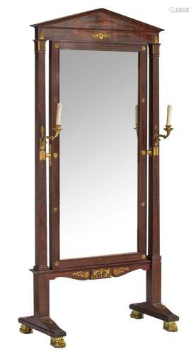 An Empire-style 'Psyche' or cheval mirror, the mirror flanke...