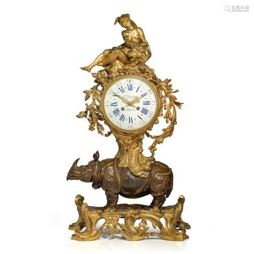 A very imposing Rococo style rhinoceros mantel clock, the di...