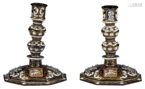 A pair of 'Limoges Revival' enamel candlesticks, 19thC, H 14...