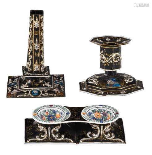 A collection of Limoges painted enamel objects: two candlest...