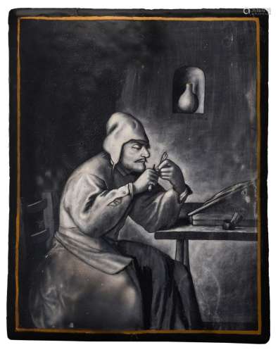 A Limoges enamel plaque, depicting a clerk, signed 'H.Poncet...