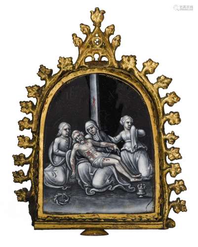 A Limoges enamel plaque, depicting a Pieta, in a gothic bras...