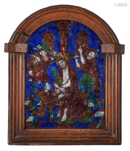 A Limoges enamel plaque depicting Christ, 16thC, 14 x 20 cm